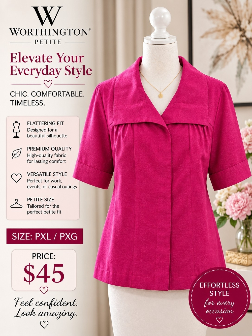 Worthington Petite Hot Pink Short-Sleeve Button-Front Blouse